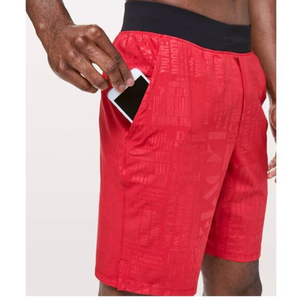 Lululemon T.H.E. Short Linerless 9" Manifest Dark Red color Manifesto print M